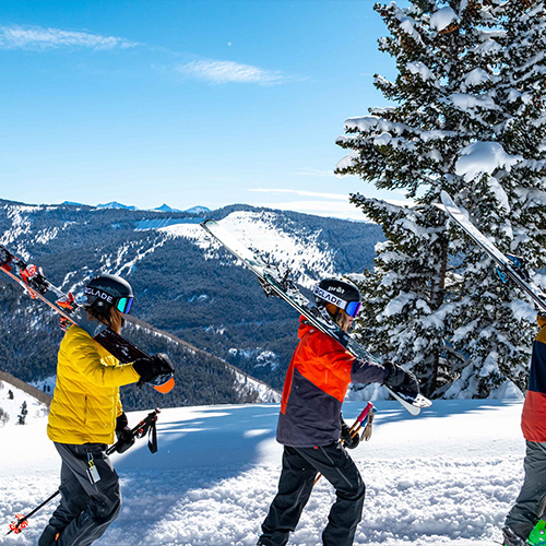 Skieurs qui marchent dans la neige avec les skis sur l'épaule